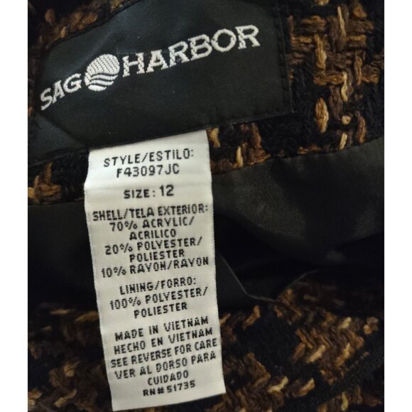 Vintage Sag Harbor Blazer Women Size 12 Black  Brown Plaid Tweed Full Zip - Picture 9 of 10